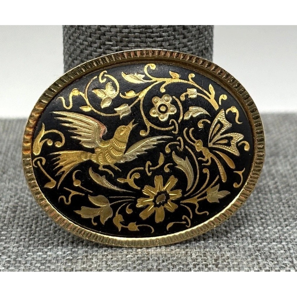 Vintage Damascene Bird Floral Gold Tone Black Enamel Oval Brooch Pin